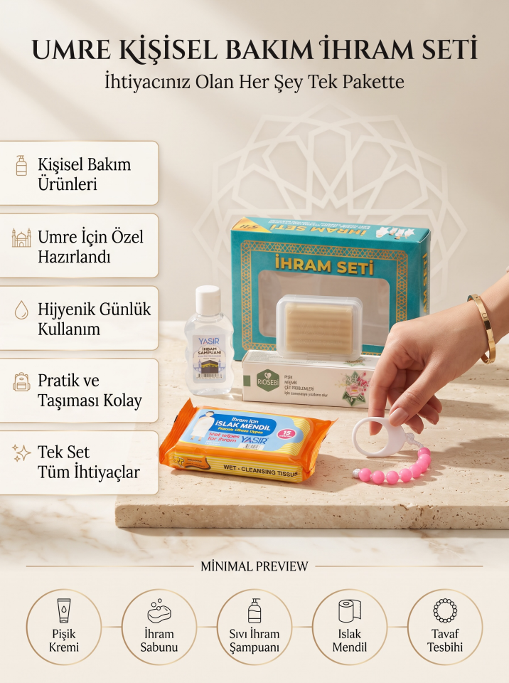 Umre Kişisel Bakım İhram Seti 5’li – Sabun, Şampuan, Islak Mendil, Pişik Kremi ve Tavaf Tesbihi