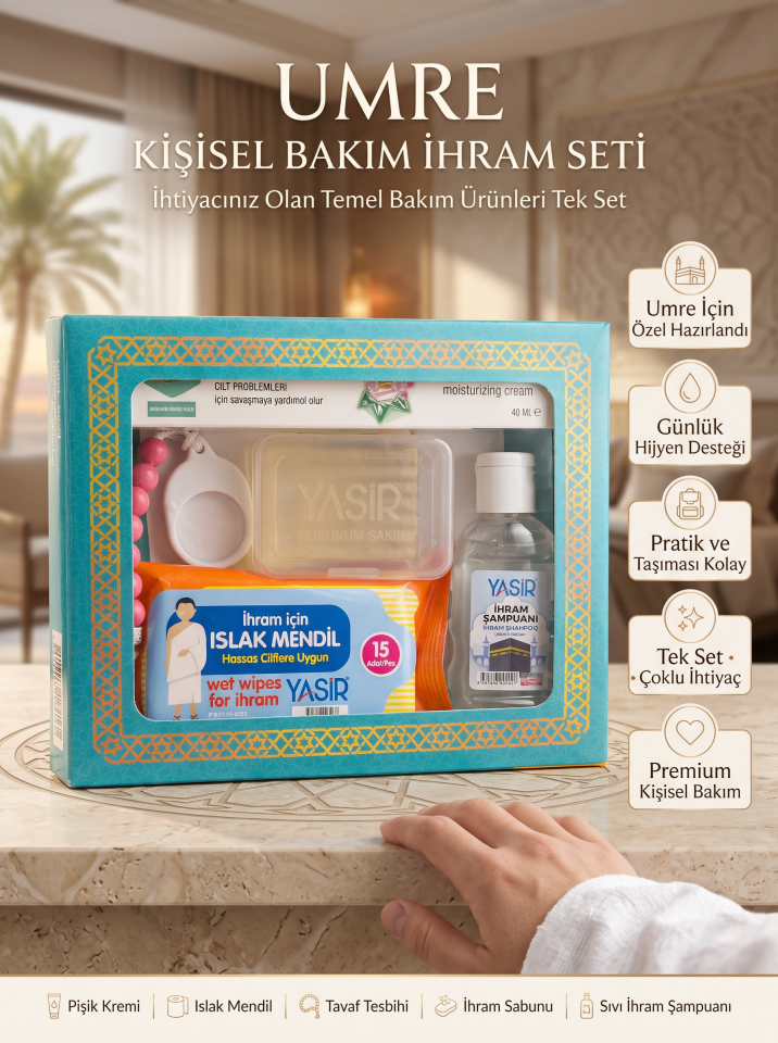 Umre Kişisel Bakım İhram Seti 5’li – Sabun, Şampuan, Islak Mendil, Pişik Kremi ve Tavaf Tesbihi