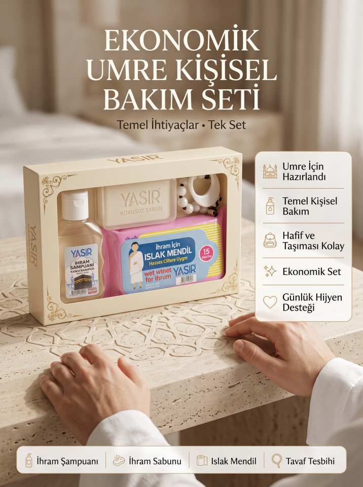 Ekonomik Umre Kişisel Bakım Seti 4’lü – İhram Şampuanı, Sabunu, Islak Mendil ve Tavaf Tesbihi