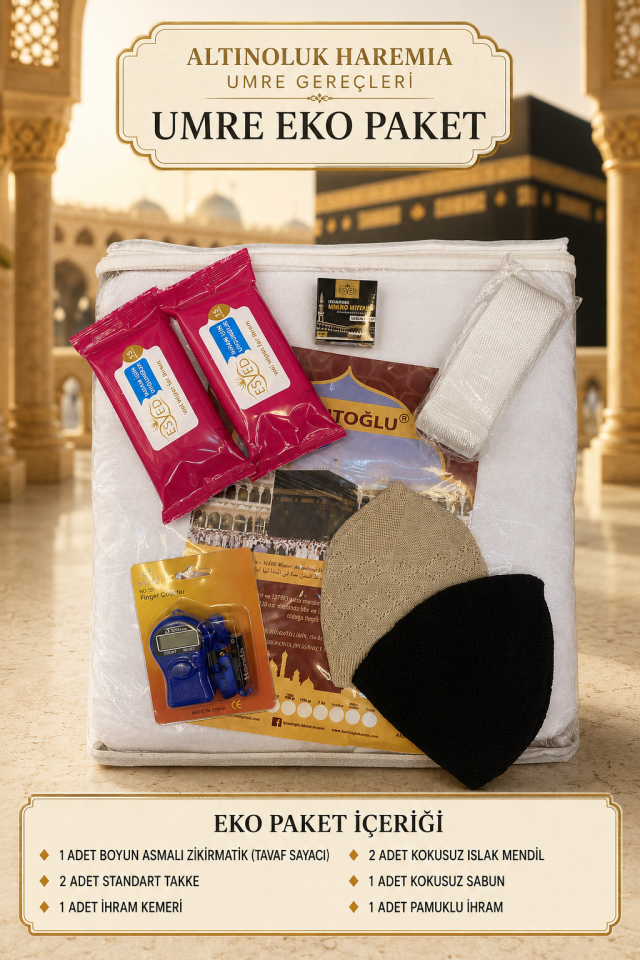 Umre Eko Paket – Pamuklu İhram, Zikirmatik, Takke, İhram Kemeri ve Kokusuz Bakım Seti