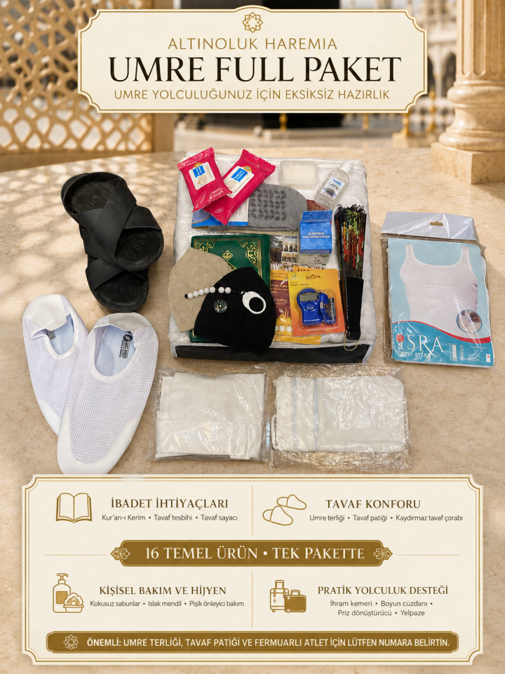 Umre Full Paket – 16 Ürünlü Hac ve Umre Hazırlık Seti | İhram, Terlik, Tavaf Patiği ve Bakım Ürünleri