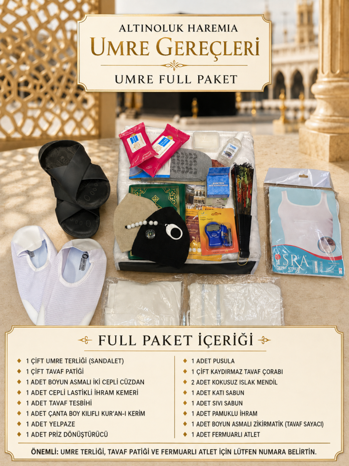 Umre Full Paket – 16 Ürünlü Hac ve Umre Hazırlık Seti | İhram, Terlik, Tavaf Patiği ve Bakım Ürünleri