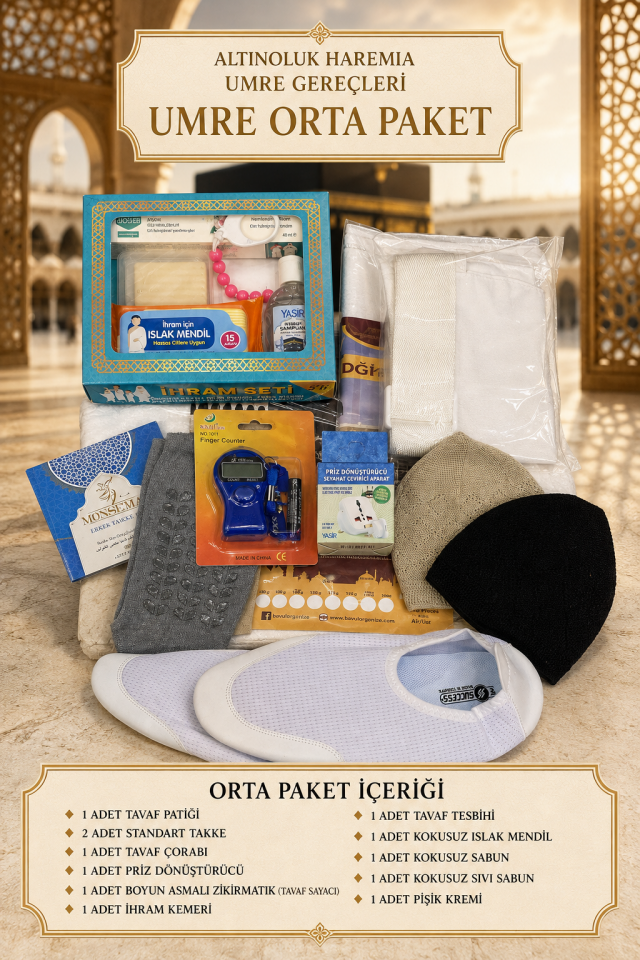 Umre Orta Paket – Hac ve Umre Hazırlık Seti | Tavaf Patiği, Tavaf Sayacı, İhram Kemeri ve Bakım Ürünleri
