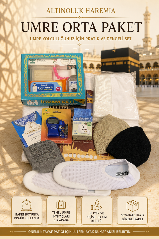 Umre Orta Paket – Hac ve Umre Hazırlık Seti | Tavaf Patiği, Tavaf Sayacı, İhram Kemeri ve Bakım Ürünleri