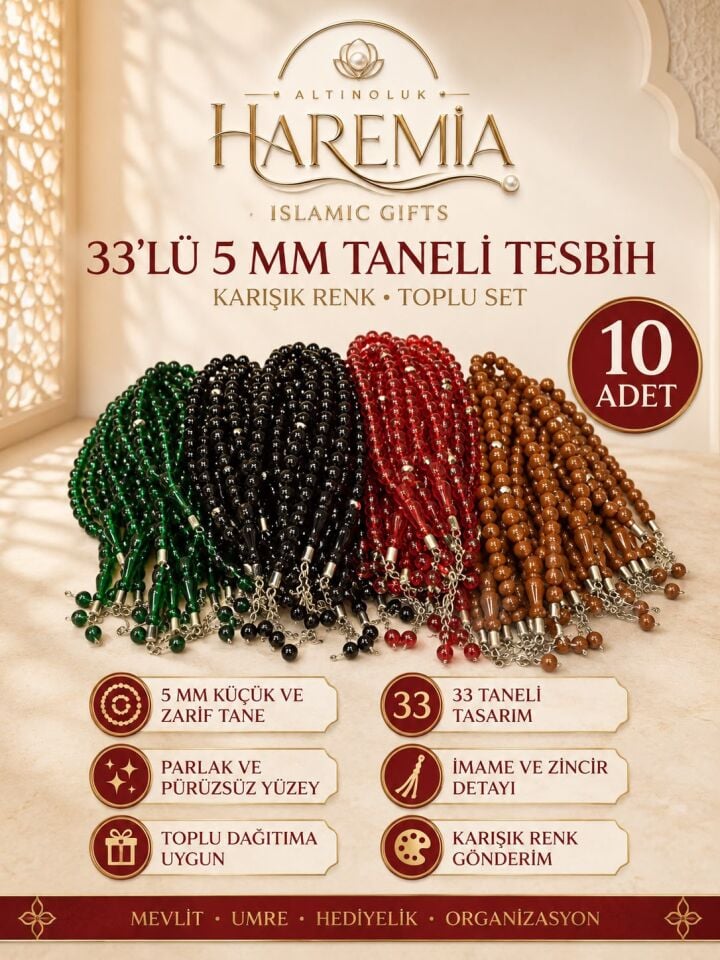 10'lu Tesbih Seti – 33’lü 5 mm Küçük Taneli Karışık Renk Tesbih