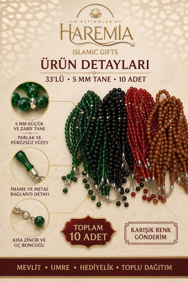 10'lu Tesbih Seti – 33’lü 5 mm Küçük Taneli Karışık Renk Tesbih