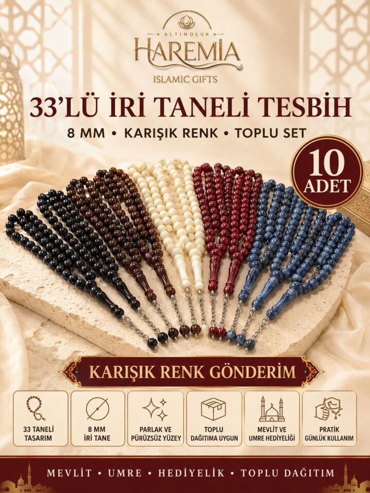 10'lu Tesbih Seti – 33’lü 8 mm İri Taneli Karışık Renk Tesbih