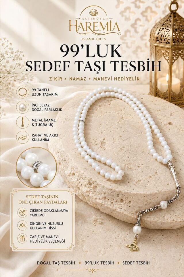99'luk Sedef Tesbih – İnci Beyazı Taneli Metal İmameli Tuğra Uçlu Tesbih