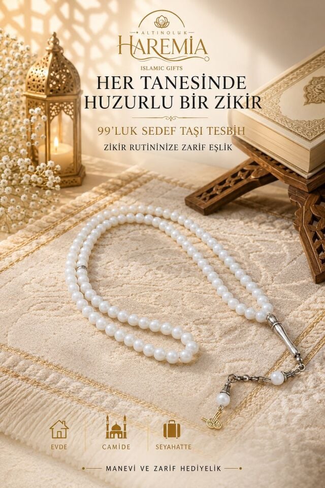 99'luk Sedef Tesbih – İnci Beyazı Taneli Metal İmameli Tuğra Uçlu Tesbih
