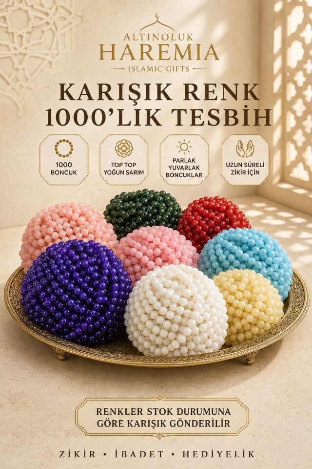 1000'lik Tesbih – Karışık Renk Yuvarlak Boncuklu Uzun Zikir Tesbihi