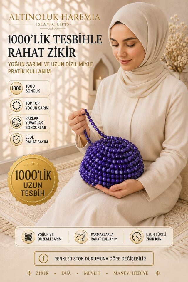 1000'lik Tesbih – Karışık Renk Yuvarlak Boncuklu Uzun Zikir Tesbihi