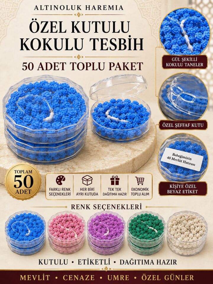 50'li Kokulu Tesbih Seti – Gül Taneli Özel Kutulu Kişiye Özel Etiketli