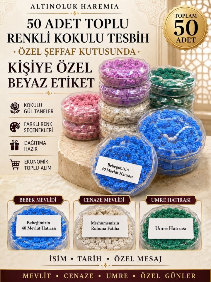 50'li Kokulu Tesbih Seti – Gül Taneli Özel Kutulu Kişiye Özel Etiketli