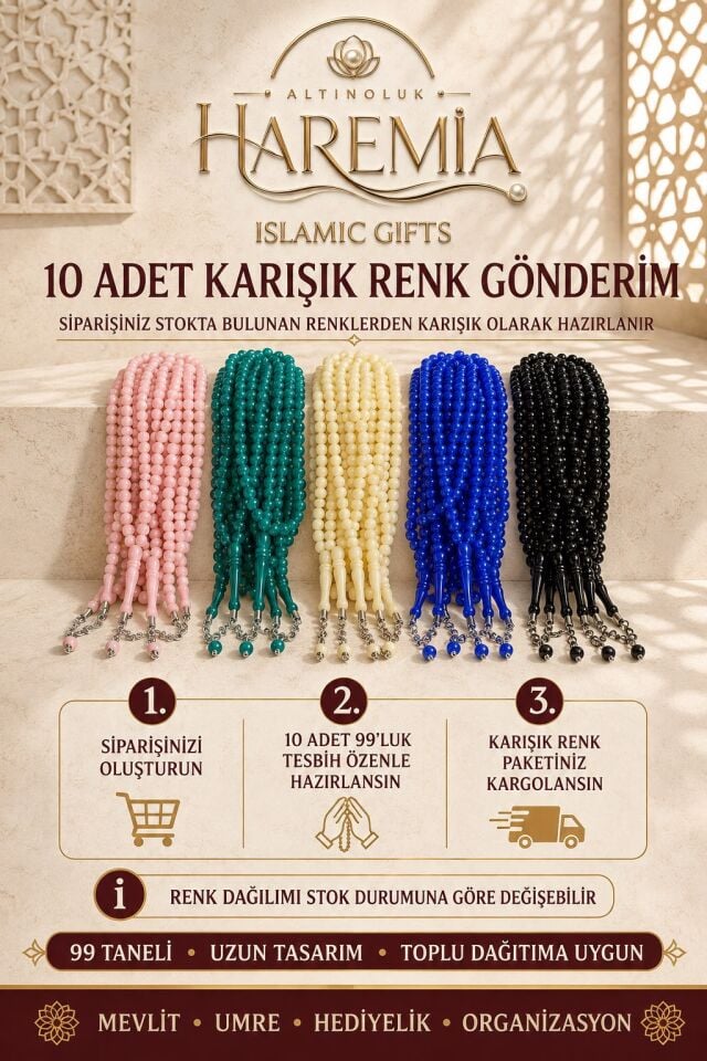 10'lu 99'luk Tesbih Seti – Karışık Renk Uzun Taneli Toplu Tesbih