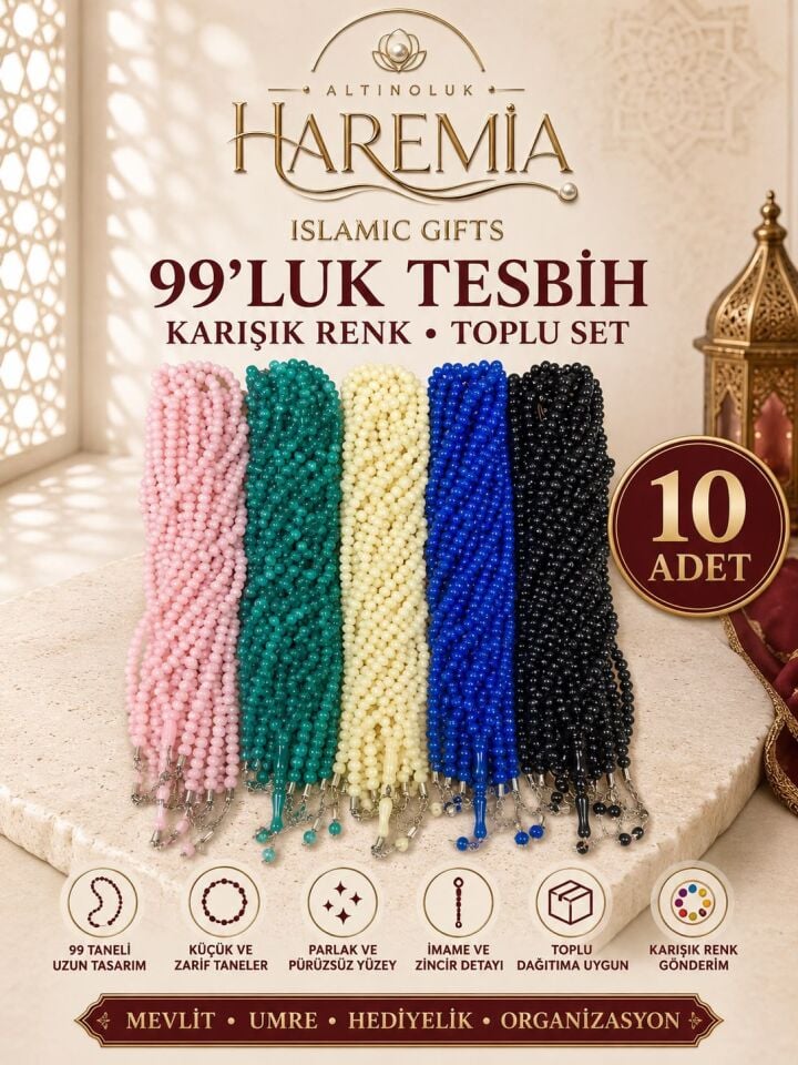 10'lu 99'luk Tesbih Seti – Karışık Renk Uzun Taneli Toplu Tesbih