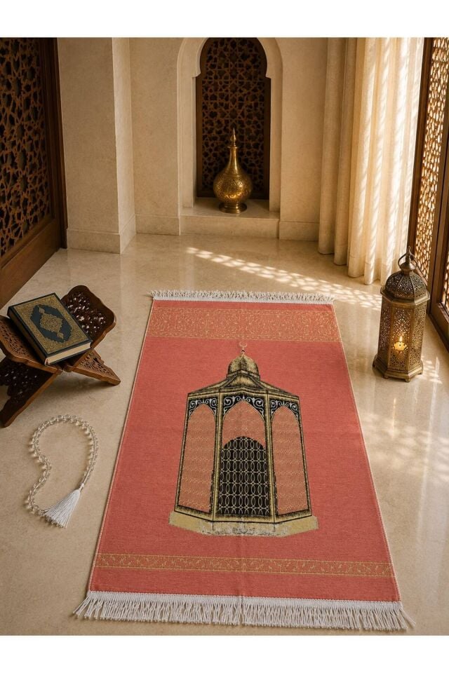 Makam-ı İbrahim Desenli Seccade | Altın Detaylı, Burma Püsküllü, Kadife Dokulu Premium Namaz Seccadesi
