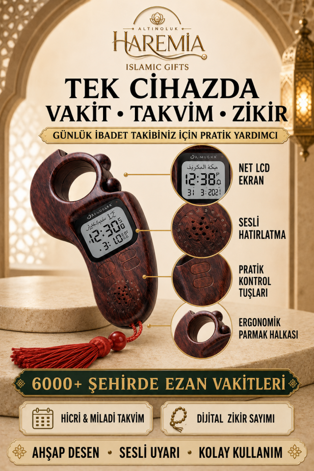 Ezan Okuyan Dijital Zikirmatik Tesbih Model Zikirmatik 6000+ Şehir Saat Uyumlu Dijital Zikir Sayacı