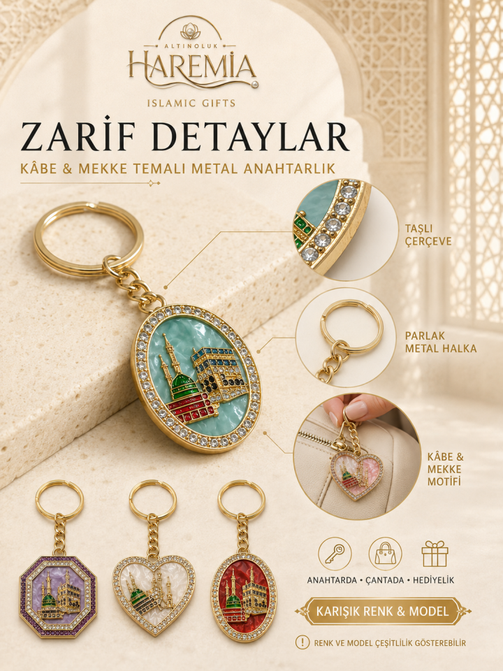 Kabe Desenli Anahtarlık | Mekke Desenli Taşlı Metal Karışık Renk Hediyelik Anahtarlık