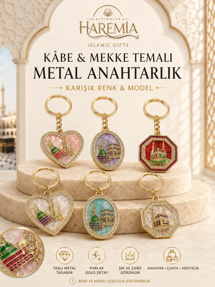 Kabe Desenli Anahtarlık | Mekke Desenli Taşlı Metal Karışık Renk Hediyelik Anahtarlık