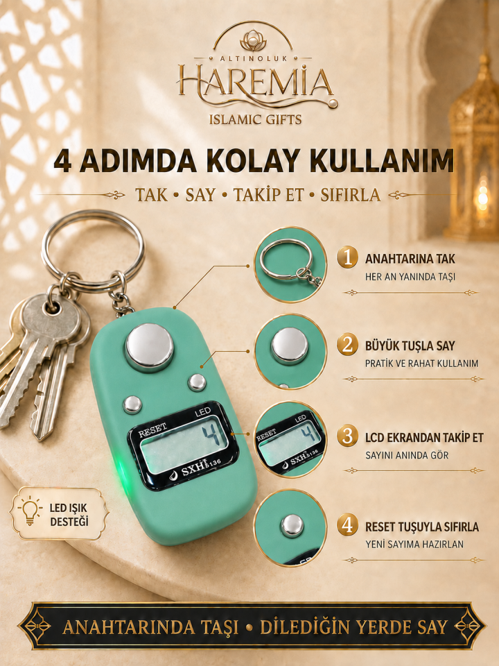 Anahtarlıklı LED Zikirmatik | Işıklı Dijital Sayaçlı Taşınabilir Hediyelik Zikir Sayacı