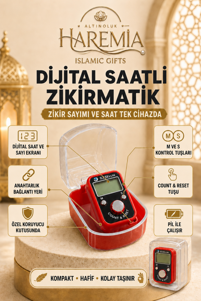Dijital Saatli Zikirmatik | Özel Kutulu Anahtarlık Askılı Çok Fonksiyonlu Akıllı Tesbih Sayacı