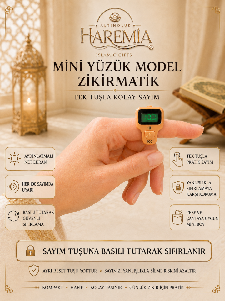 Mini Yüzük Model Zikirmatik | Her 100’de Uyarı Veren Yeni Nesil Işıklı Dijital Parmak Zikir Sayacı