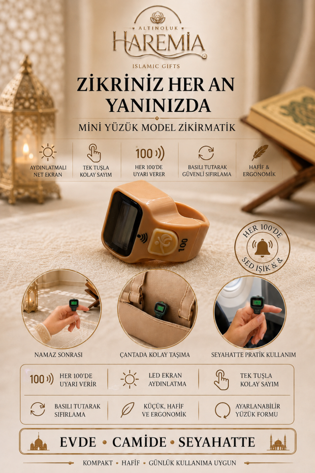 Mini Yüzük Model Zikirmatik | Her 100’de Uyarı Veren Yeni Nesil Işıklı Dijital Parmak Zikir Sayacı