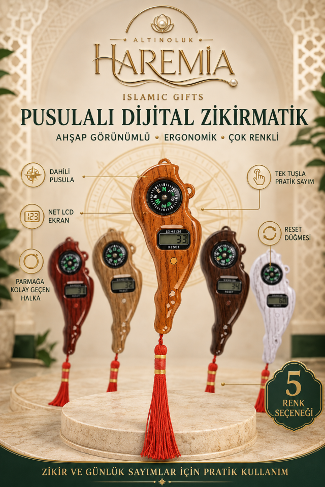Pusulalı Tesbih Model Zikirmatik | Ahşap Desenli Işıklı Dijital Zikir Sayacı