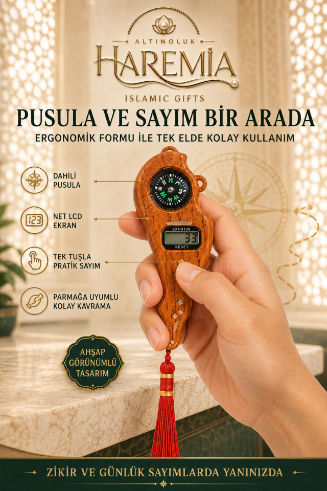 Pusulalı Tesbih Model Zikirmatik | Ahşap Desenli Işıklı Dijital Zikir Sayacı