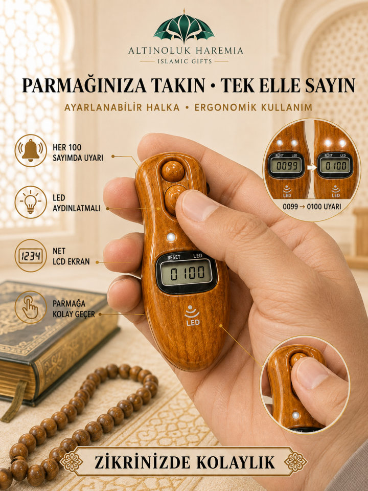 Tesbih Model Zikirmatik | Her 100’de Uyarı Veren Ahşap Desenli Işıklı Dijital Sayaç