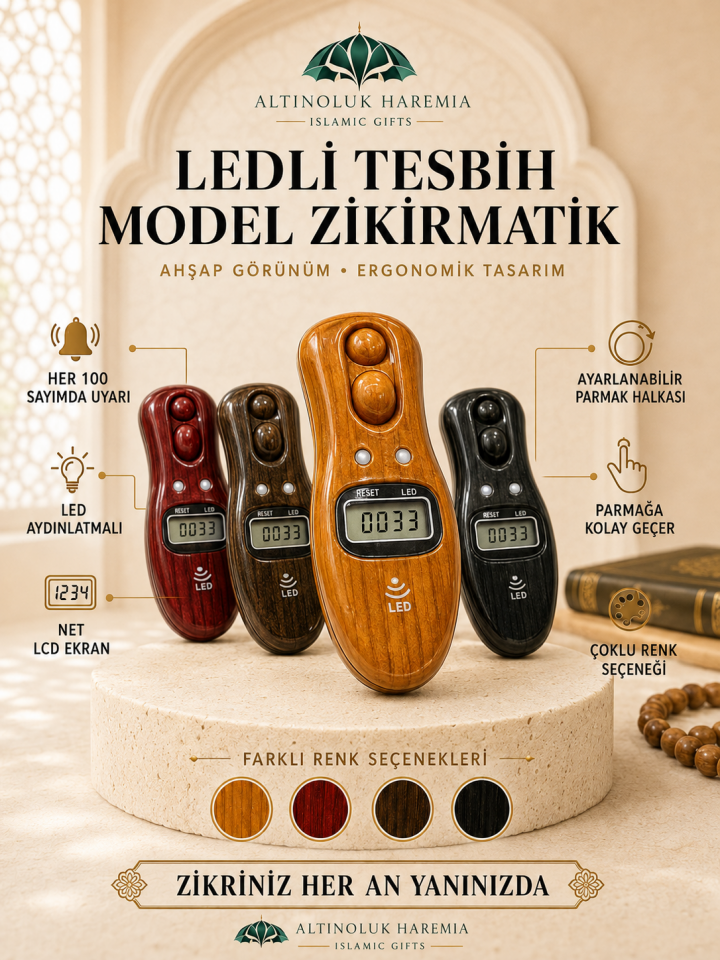 Tesbih Model Zikirmatik | Her 100’de Uyarı Veren Ahşap Desenli Işıklı Dijital Sayaç