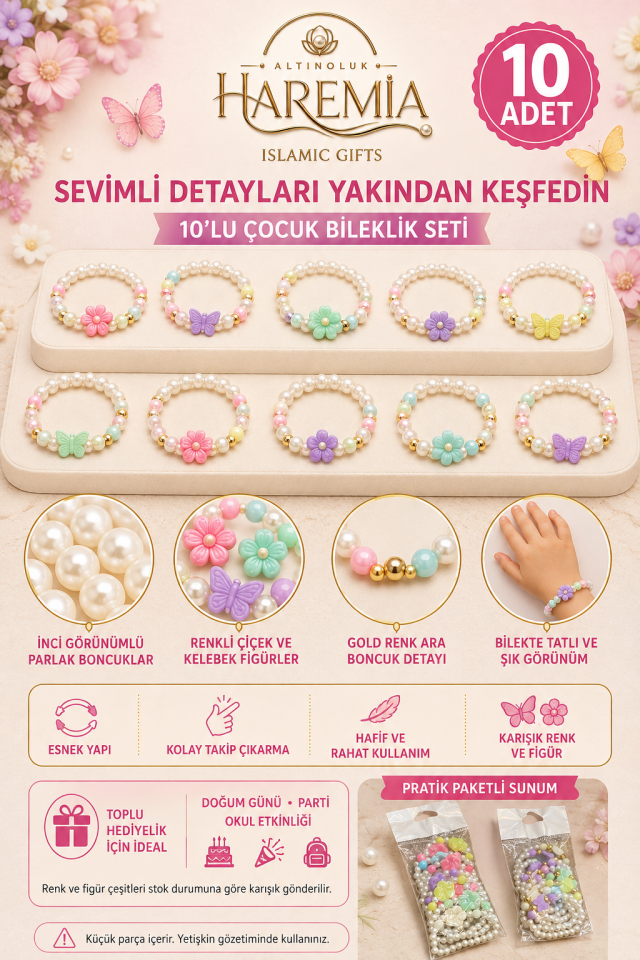 10'lu Çocuk Bilekliği Seti | Renkli Boncuk Bileklik Hediyelik Çocuk Takı Seti