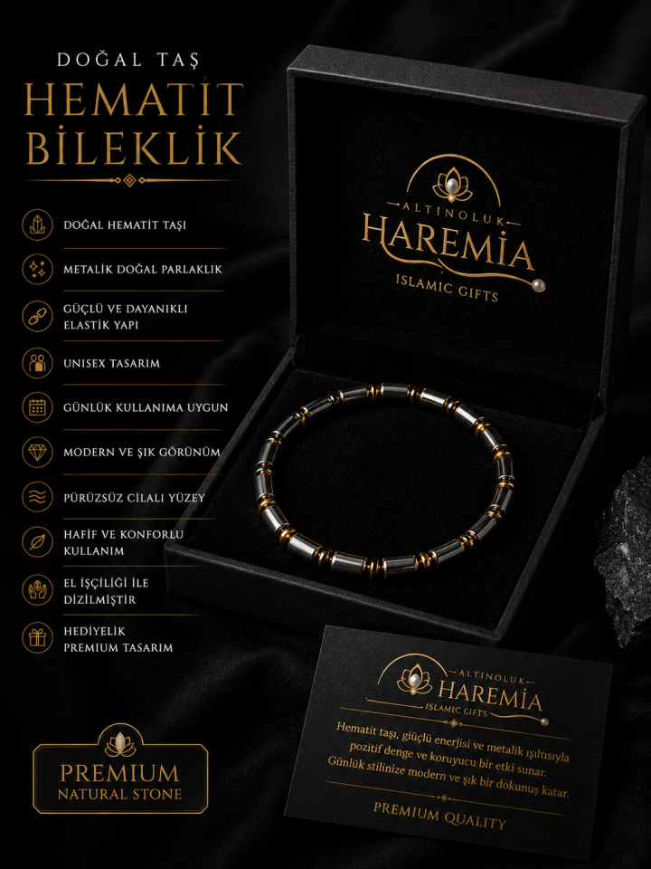 Doğal Hematit Taşı Bileklik Özel Kutulu Esnek Unisex Hediyelik Bileklik