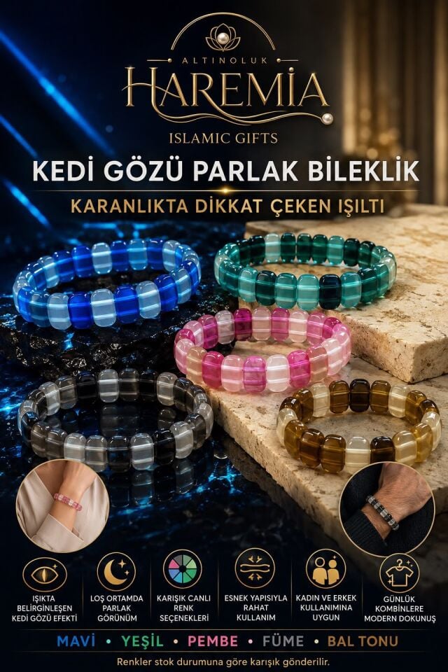 Kedi Gözü Bileklik | Karışık Renk Karanlıkta Parlayan Işıltılı Taş Bileklik