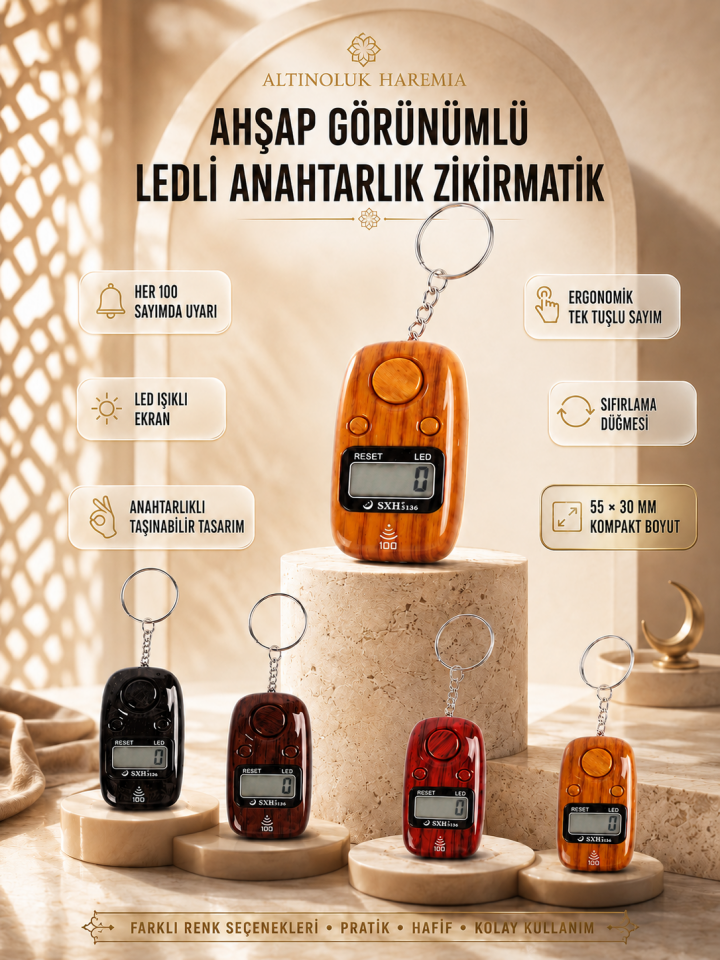 Anahtarlıklı Ledli Zikirmatik | Her Yüzde Uyarı Veren Ahşap Desen Dijital Sayaç