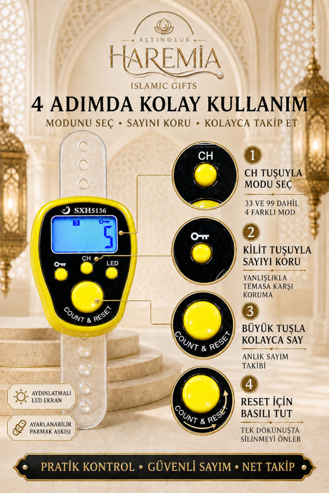 Kilit Özellikli Ledli Zikirmatik | 4 Modlu Dijital Zikirmatik Işıklı Sayaç Tesbih