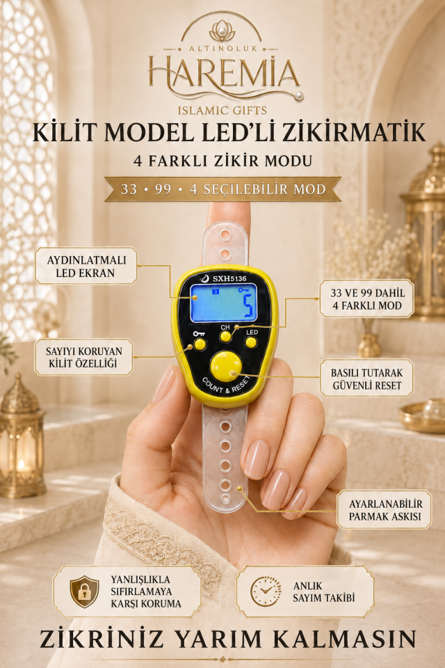 Kilit Özellikli Ledli Zikirmatik | 4 Modlu Dijital Zikirmatik Işıklı Sayaç Tesbih