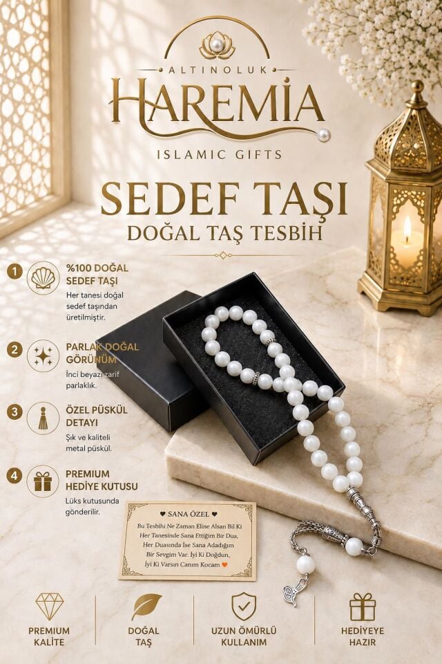 Özel Kutulu Sedef Taşı Tesbih | 33’lük Yuvarlak Kesim Kişiye Özel Notlu Hediyelik