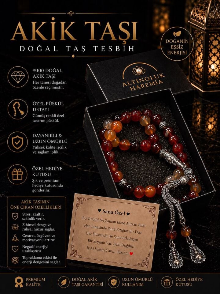 Özel Kutulu Doğal Akik Taşı Tesbih | 33’lük Kişiye Özel Notlu Hediyelik