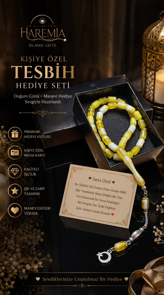 Özel Kutulu Toz Kehribar Tesbih | 33’lük Plastik Kişiye Özel Notlu Hediyelik