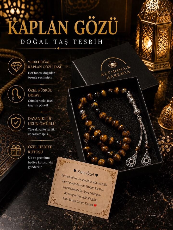 Özel Kutulu Kaplan Gözü Taşı Tesbih | 33’lük Kişiye Özel Notlu Hediyelik