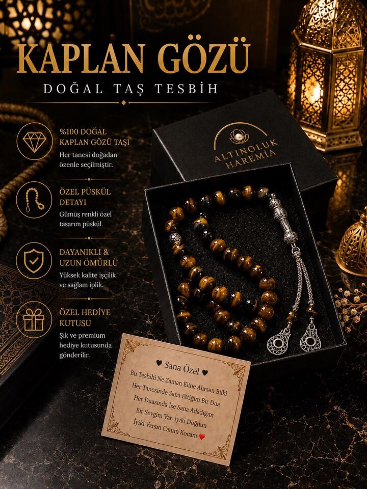 Özel Kutulu Kaplan Gözü Taşı Tesbih | 33’lük Kişiye Özel Notlu Hediyelik