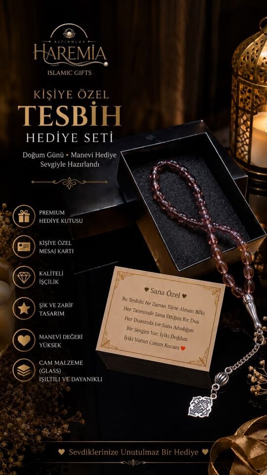 Özel Kutulu Cam Tesbih | 33’lük Kişiye Özel Notlu Hediyelik