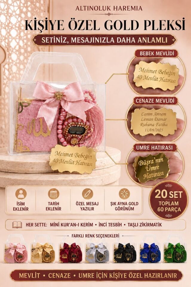 20 Adet Ekonomik Mevlitlik 3lü Set | Mini Kur’an İnci Tesbih Taşlı Zikirmatik Kişiye Özel PleksiKişiye Özel Pleksili 20’li Hediyelik Set