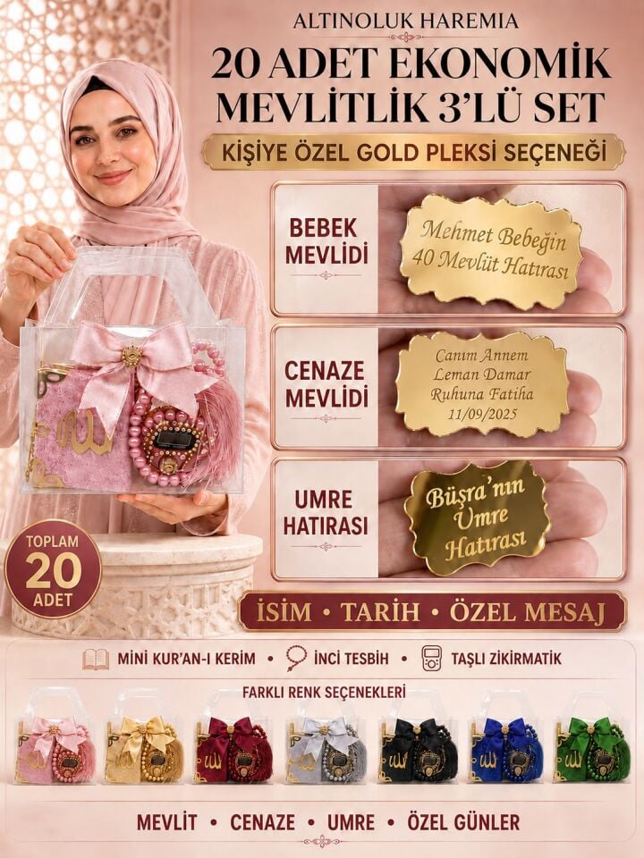 20 Adet Ekonomik Mevlitlik 3lü Set | Mini Kur’an İnci Tesbih Taşlı Zikirmatik Kişiye Özel PleksiKişiye Özel Pleksili 20’li Hediyelik Set