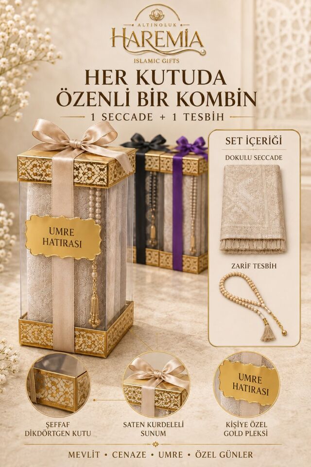 20'li Dikdörtgen Mevlitlik Set | Seccade Tesbih Kişiye Özel Pleksi Hediyelik Set