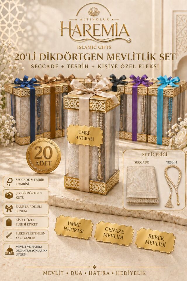 20'li Dikdörtgen Mevlitlik Set | Seccade Tesbih Kişiye Özel Pleksi Hediyelik Set