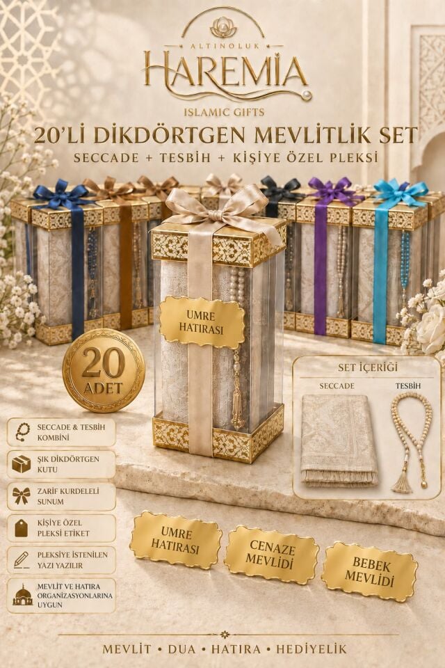 20'li Dikdörtgen Mevlitlik Set | Seccade Tesbih Kişiye Özel Pleksi Hediyelik Set