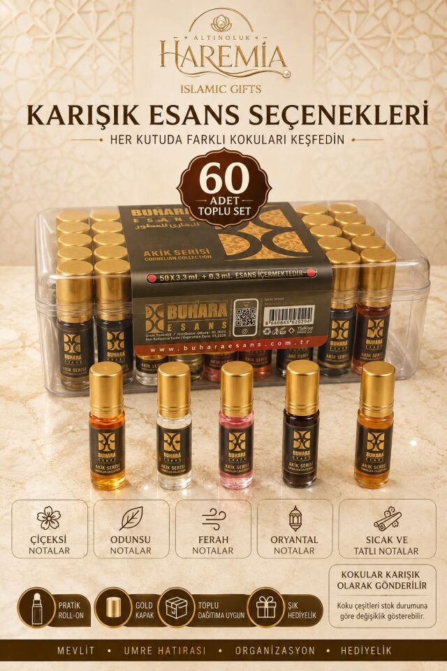 60'lı Buhara Gold Esans Seti | Akik Serisi Karışık Kokulu Roll-On Hediyelik Esans