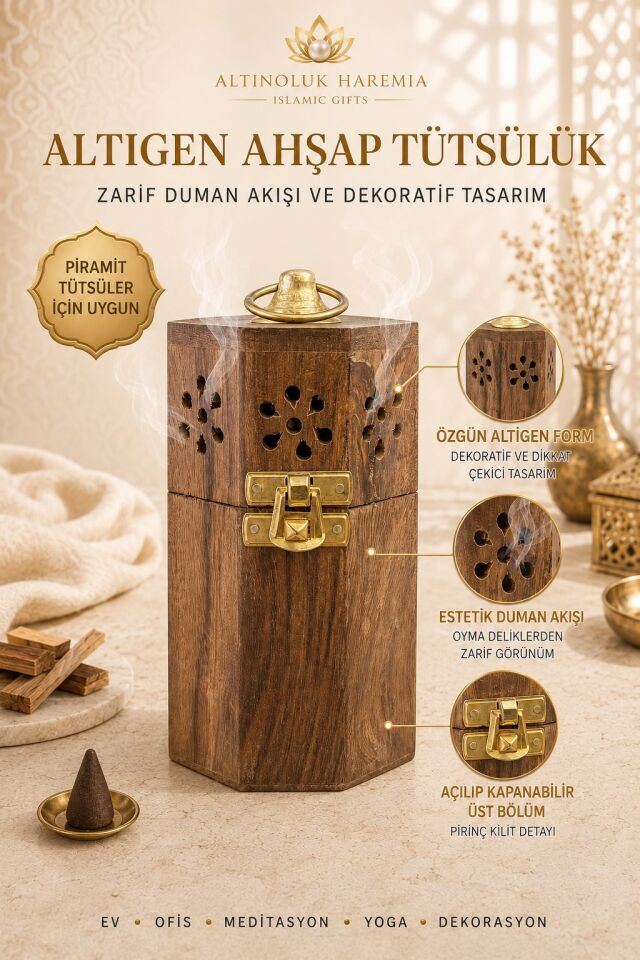 Altıgen Ahşap Tütsülük | Piramit Tütsü Uyumlu Dekoratif Buhurdanlık